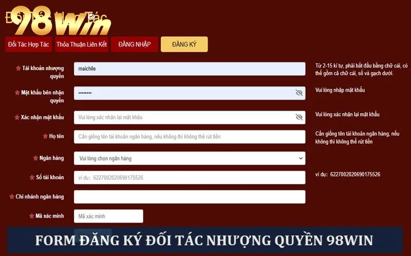 Form đăng ký đối tác nhượng quyền tại nhà cái 98win