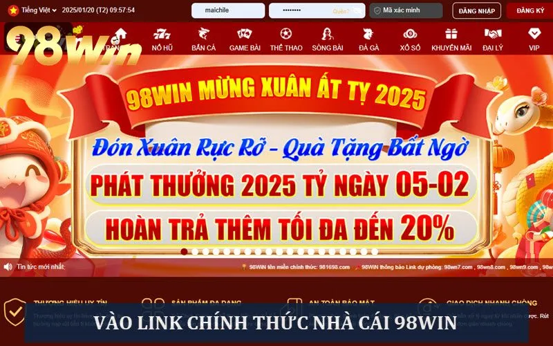 Vào sảnh game chính thức của nhà cái 98win